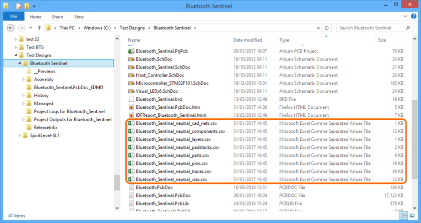 The resulting set of generated CSV files after successful completion of an export into SiSoft format.