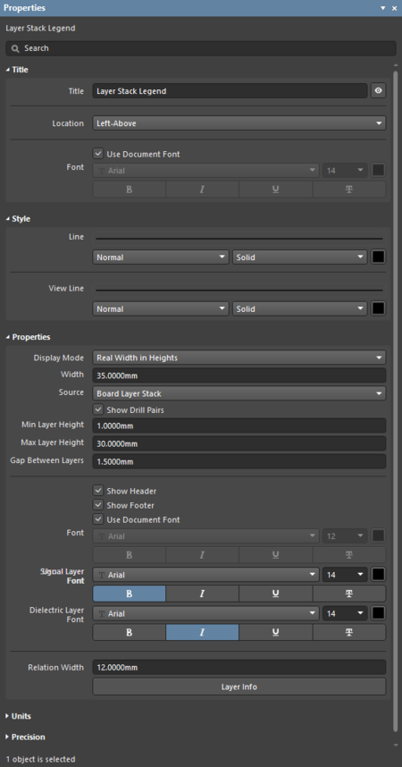 The Layer Stack Legend default settings in the Preferences dialog and the Layer Stack Legend mode of the Properties panel