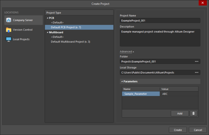 Setting up the Create Project dialog to create a new managed project from within Altium Designer.