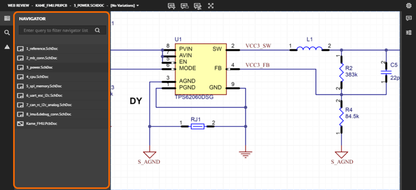 The Navigator pane presents the schematic and PCB documents for your design project and is where you come to select which document to analyze next.