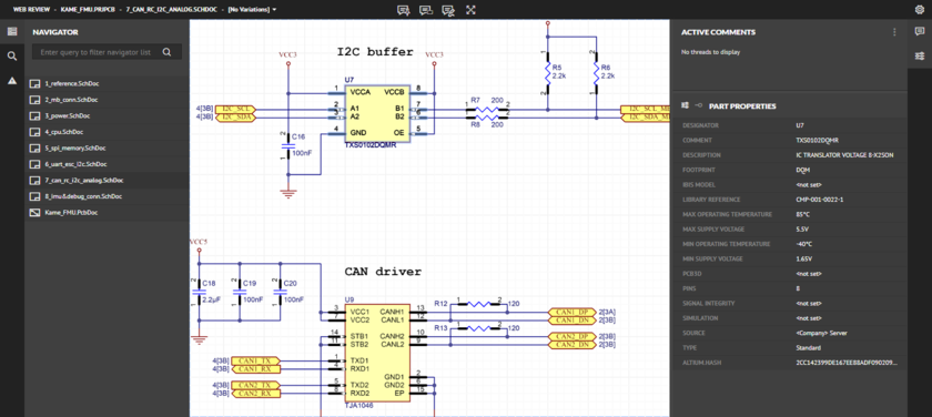 Altium's Web Review functionality provides an immersive and interactive experience for reviewing the source schematic and PCB documents in your design project. Shown here is a schematic - hover over the image to see the PCB.