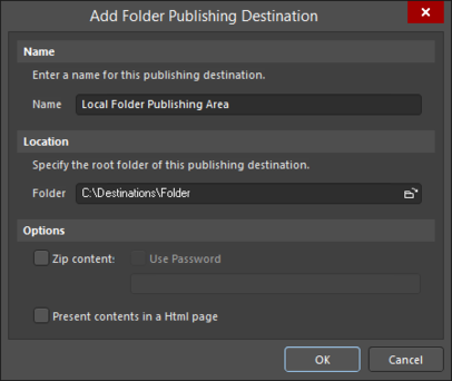 Define the connection to a folder publishing destination.