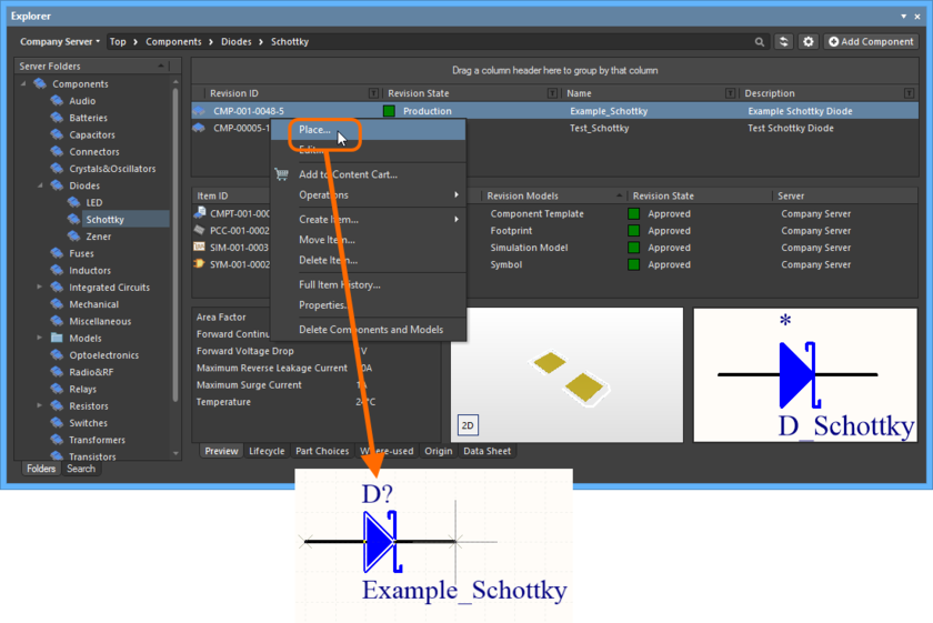 Place a managed component from the Explorer panel, using the dedicated Place command.