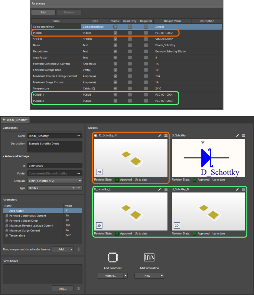An example component defined in the Component Editor (Single Component Editing mode), using a referenced Component Template. The template has three footprint models defined, which are brought into the component definition. Notice that the PCBLIB model entry in the template is used as the default footprint model (distinguished by an icon at its upper-left) when defining the component. Hover over the image to see the same component being defined with the Component Editor in Batch Component Editing mode. In this case, the default footprint is termed PCBLIB (default).