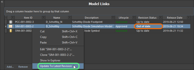 The Component Editor details any model that is not at the latest revision, right-click to update to the latest revision.