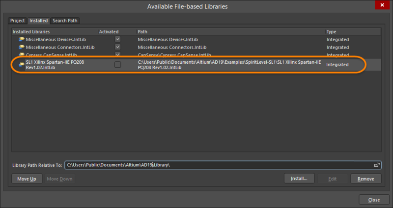 Compiled IntLib added to the Available File-base Libraries dialog Installed tab
