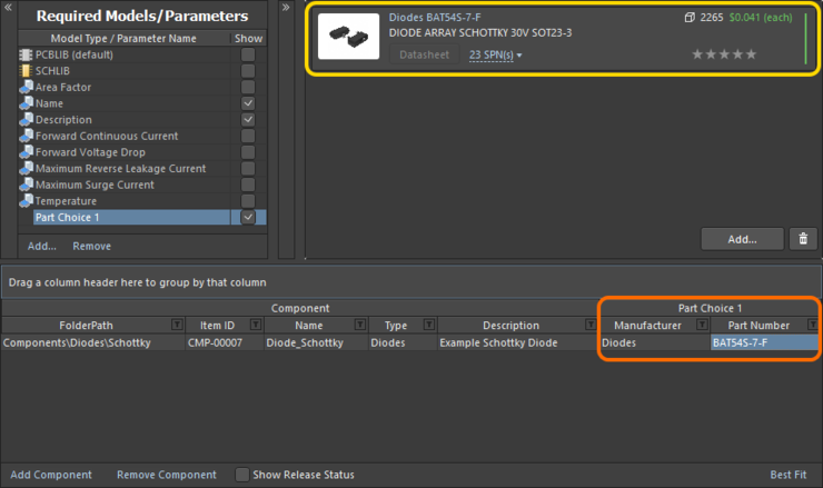 Example part choice - added through use of the Add Part Choices dialog - presented back in the Component Editor.