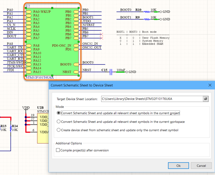 Specify details of the conversion in the Convert Schematic Sheet to Device Sheet dialog.