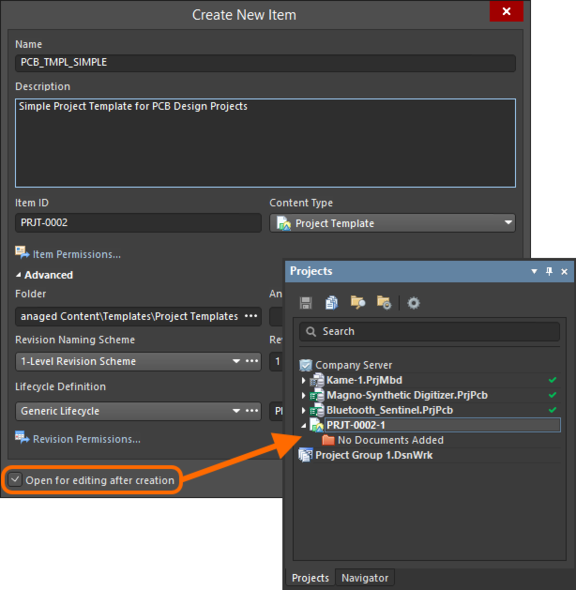 Example of editing the initial revision of a Project Template Item, directly from the managed content server - the temporary editable project is opened in the Projects panel, ready for you to add documents, and configure as required.