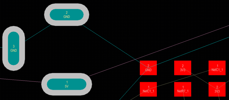 Создание линий соединения между контактными площадками каждой цепи происходит автоматически, в соответствии с применяемым правилом для топологии трассировки Routing Topology (по умолчанию применяется кратчайшая общая длина линий соединения – опция Shortest).

В этом проекте, для цепей GND и 5V используются различные цвета линий соединения.