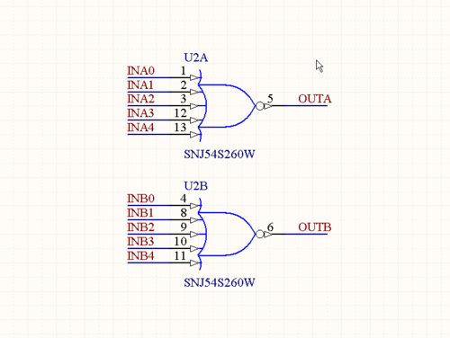 Schematic containing a Dual 5-Input Positive-NOR Gate component. Each of the input pins for either sub parts are logically equivalent and presenting an ideal situation for pin swapping.