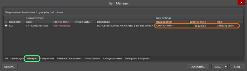 Details regarding the chosen managed Item appear in the New Settings region of the grid, listed under the Managed tab.