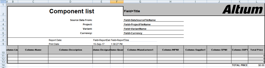 Example of a simple Excel template, showing how the design parameters are mapped into the template