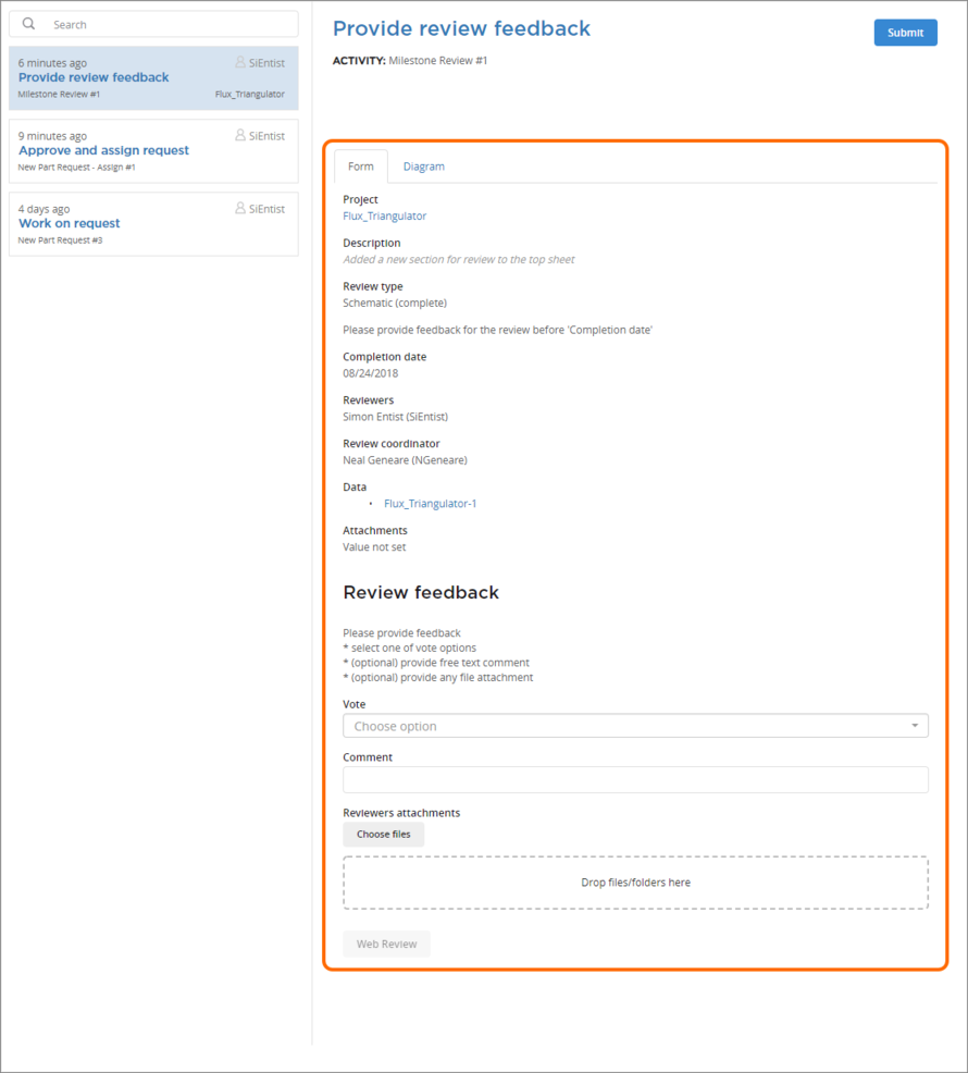 Example form for a user task associated with a design review process (Milestone Review). Hover the mouse over the image to see an example form for a part request process (New Part Request – Assign).