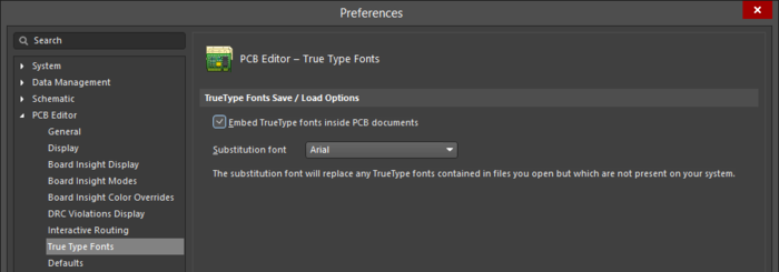 The PCB Editor - True Type Fonts Preferences page
