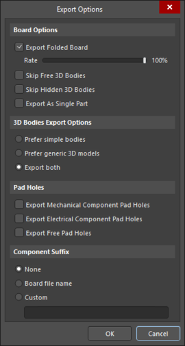 Export Options dialog accessed through an OutJob