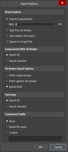 Export Options dialog accessed through STEP 3D