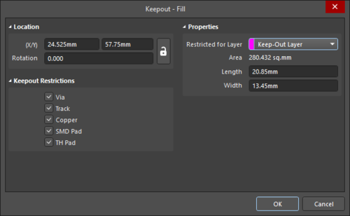 The Keepout - Fill dialog on the left, and the Keepout - Fill mode of the Properties panel, on the right. 