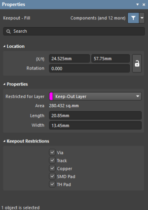 The Keepout - Fill dialog on the left, and the Keepout - Fill mode of the Properties panel, on the right. 