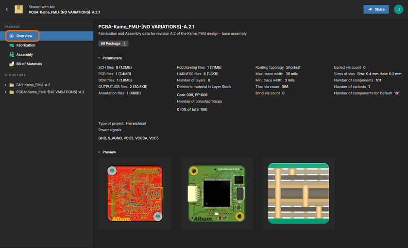 The Overview page, providing a high-level summary of the design.