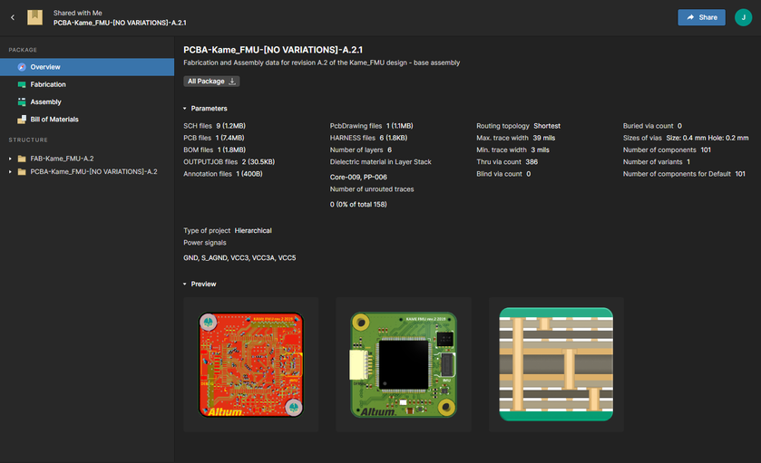 The Altium 365 Platform's Manufacturing Package Viewer provides an interactive means with which your manufacturer can browse and comment on a specific manufacturing package that has been shared with them. Shown here is the Viewer's Overview page – hover over the image to see the Fabrication page, with its Gerber Viewer.