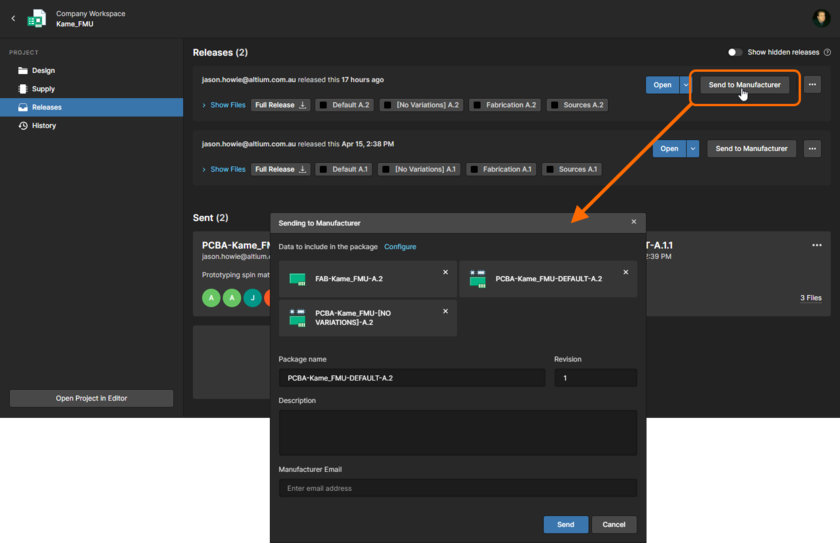 You can send (share) a specific release of a project directly with your manufacturer – a Manufacturing Package.