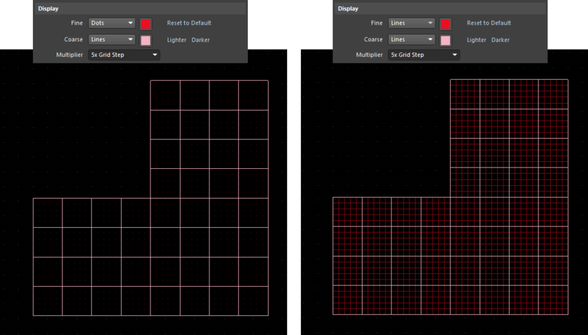 Example Cartesian grid with fine- and coarse-level display grids presented in the workspace. Left: Fine-level displayed using dots, coarse-level using Lines. Right: Both fine- and

coarse-level grids displayed using Lines.