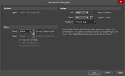 On the left, the Cartesian Grid Editor dialog, if you select a Cartesian Grid from the Grid Manager region of the Properties panel. On the right,a modified version of the Cartesian Grid Editor dialog, available if you select a non-Cartesian Grid, such as a Global Board Snap grid, from the Grid Manager region of the Properties panel.