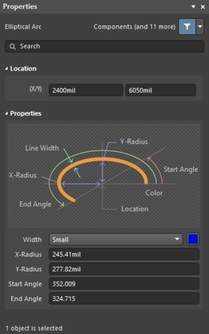 The Elliptical Arc dialog, on the left, and the Elliptical Arc mode of the Properties panel on the right