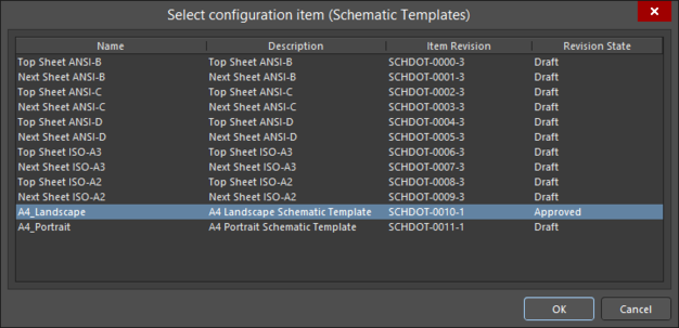 Choose from the latest revisions of Schematic Template Items, shared with you, when creating a new Schematic document.