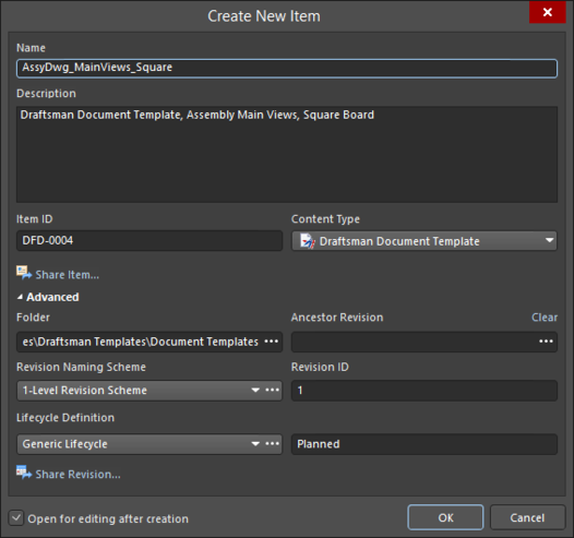 Specify the details of the new Item in the Create New Item dialog.