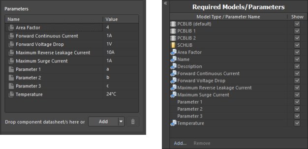 Example of parameters after linking to a revision of a Component Template Item, when using the Component Editor in Single Component Editing mode (left) and Batch Component Editing mode (right).