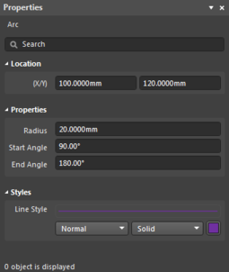 The Arc object default settings in the Preferences dialog, and the Arc mode of the Properties panel