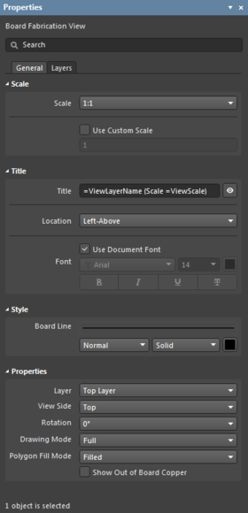 The Fabrication View default settings in the Preferences dialog and the Board Fabrication View mode of the Properties panel