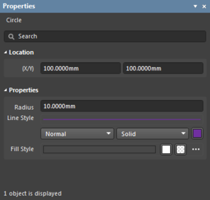 The Circle object default settings in the Preferences dialog and the Circle mode of the Properties panel