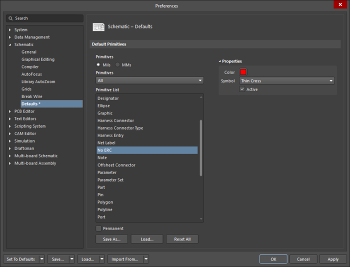 The No ERC default settings in the Preferences dialog and the No ERC mode of the Properties panel