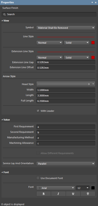 The Surface Finish Sign object default settings in the Preferences dialog and the Surface Finish mode of the Properties panel