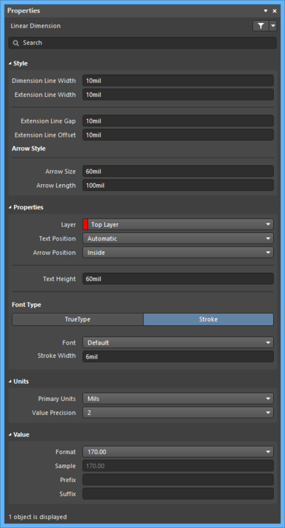 The Linear Diimension default settings in the Preferences dialog and the Linear Diimension mode of the Properties panel