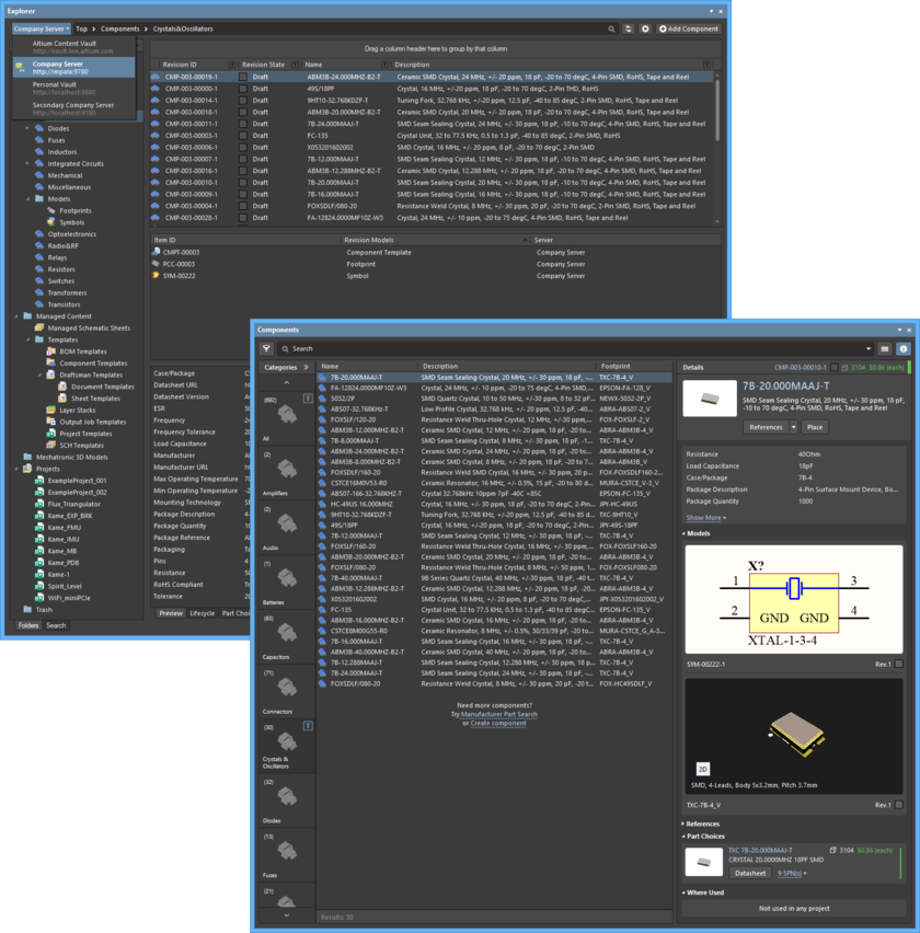 When you are working in Altium Designer, you access full server content through the Explorer panel. For component management only, you'll tend to use the Components panel.