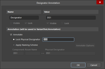 Диалоговое окно Designator Annotation также предоставляет доступ к опциям редактирования и аннотирования позиционных обозначений для вариантов
