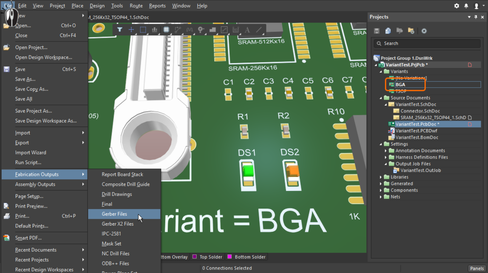 Select the variant in the Projects panel before generating output from the schematic or PCB editor menus
