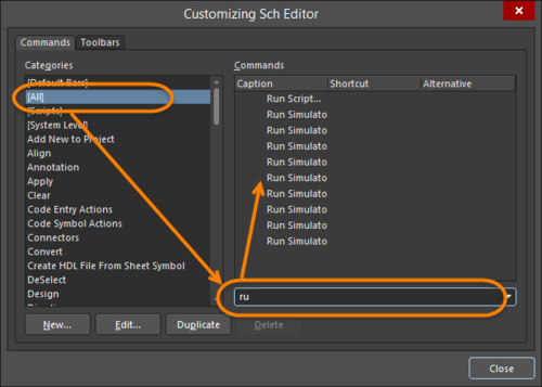The Customizing Editor dialog gives access to all commands and their shortcuts. Use the filter to quickly locate a command.