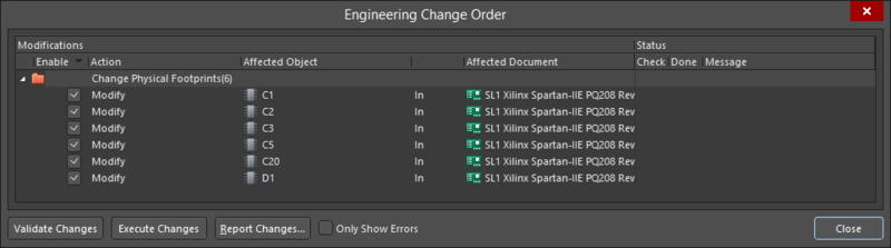 The Engineering Change Order dialog ready for validating and executing the updates of footprints