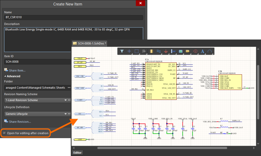 Example of editing the initial revision of a Managed Schematic Sheet Item, directly from the managed content server - the temporary Schematic Editor provides the document with which to define your schematic sheet.