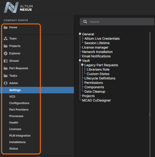 Once fully licensed, the full set of features become available on the navigation tree of the NEXUS Server's browser-based interface.