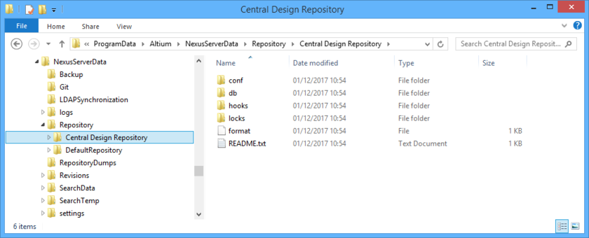Internal data storage location for a Design Repository created through the Altium NEXUS Server installation's local SVN-based Version Control Service.