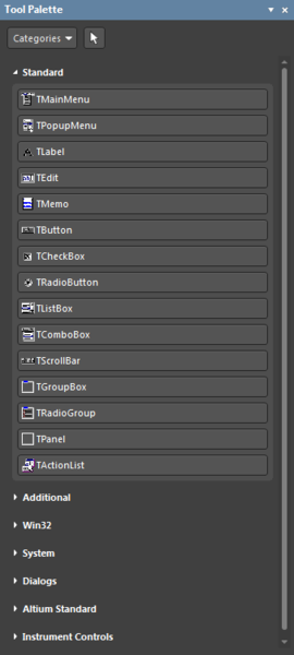 The Tool Palette Panel contains categorized visual controls that can be dropped onto a script Form.