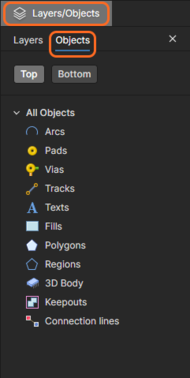 The Layers/Objects pane in the Objects view mode.