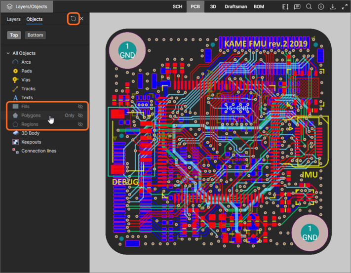 Select one or multiple Object type entries to toggle their visibility in the PCB view.