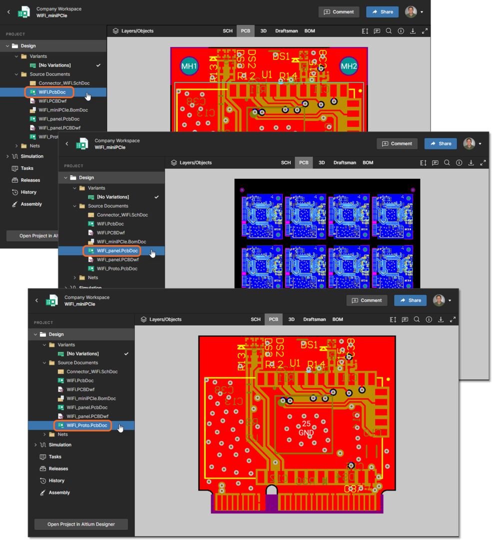 By default, the first (highest in the order) PCB is shown. Select another PCB document to access that board design and its associated Web Viewer features.